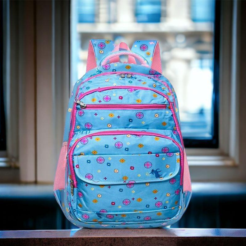 Premium Kids School Backpack - 17" Durable Blue Floral Nylon School Bag for Girls